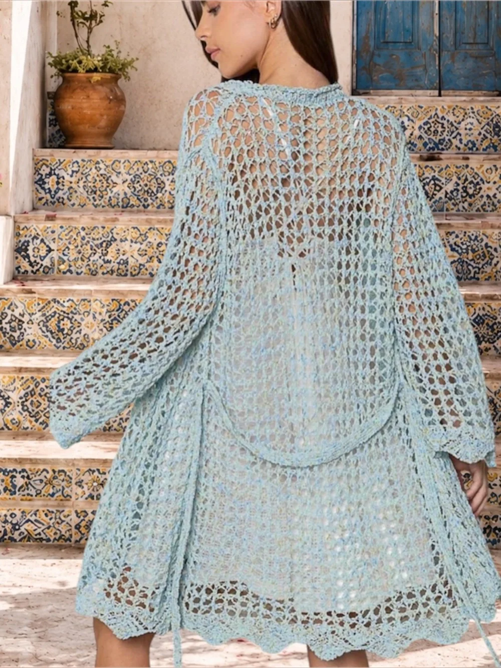 POL Light Blue Crochet Cardigan Wrap with Tie Belt Swim Cover-Up